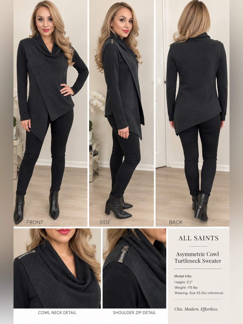 All Saints Black Asymmetric Cowl Turtleneck Sweater